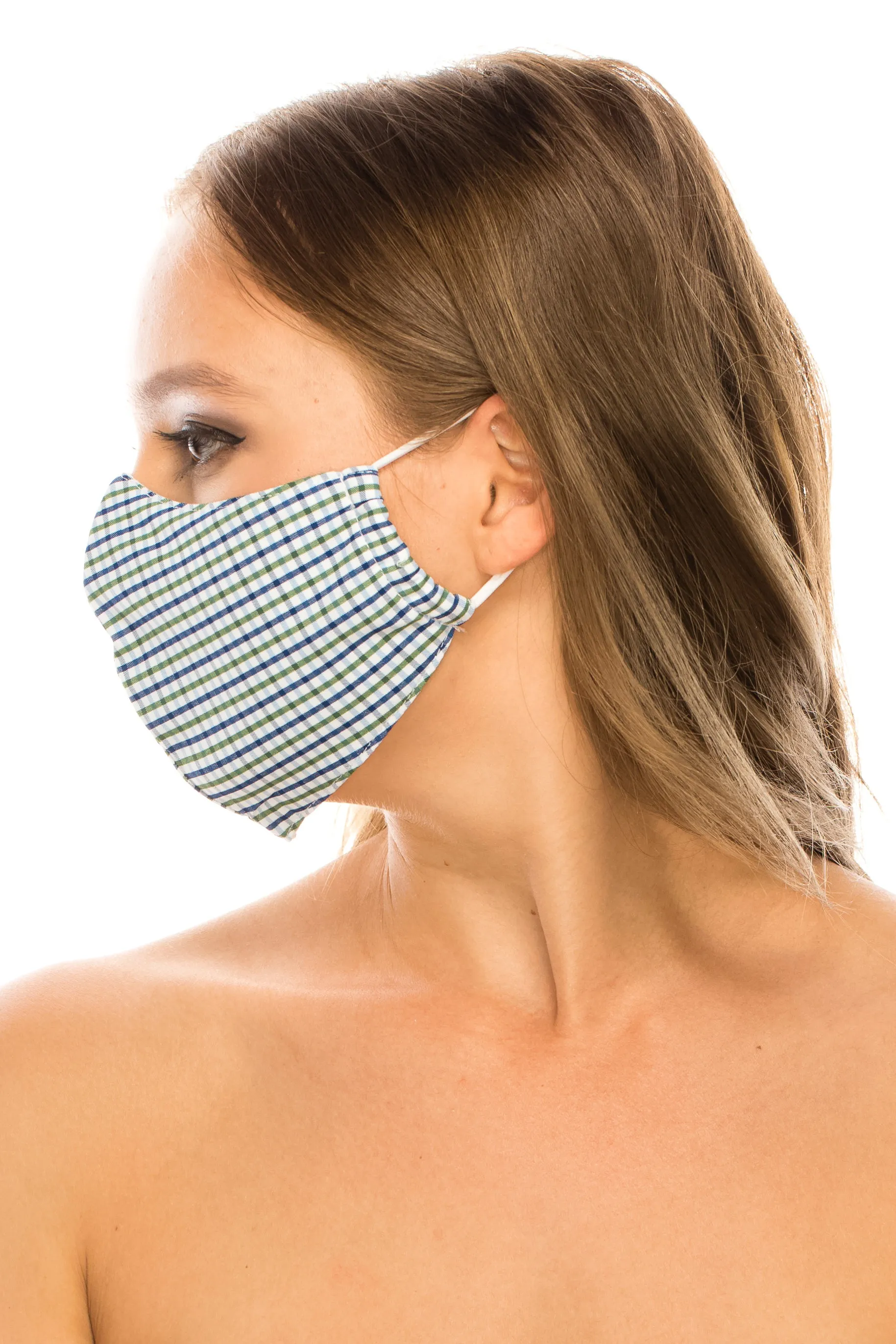 unik Face Mask,  Cotton Blend, 2 layers, Green Plaid, Washable, Reusable Mask, Adult Size