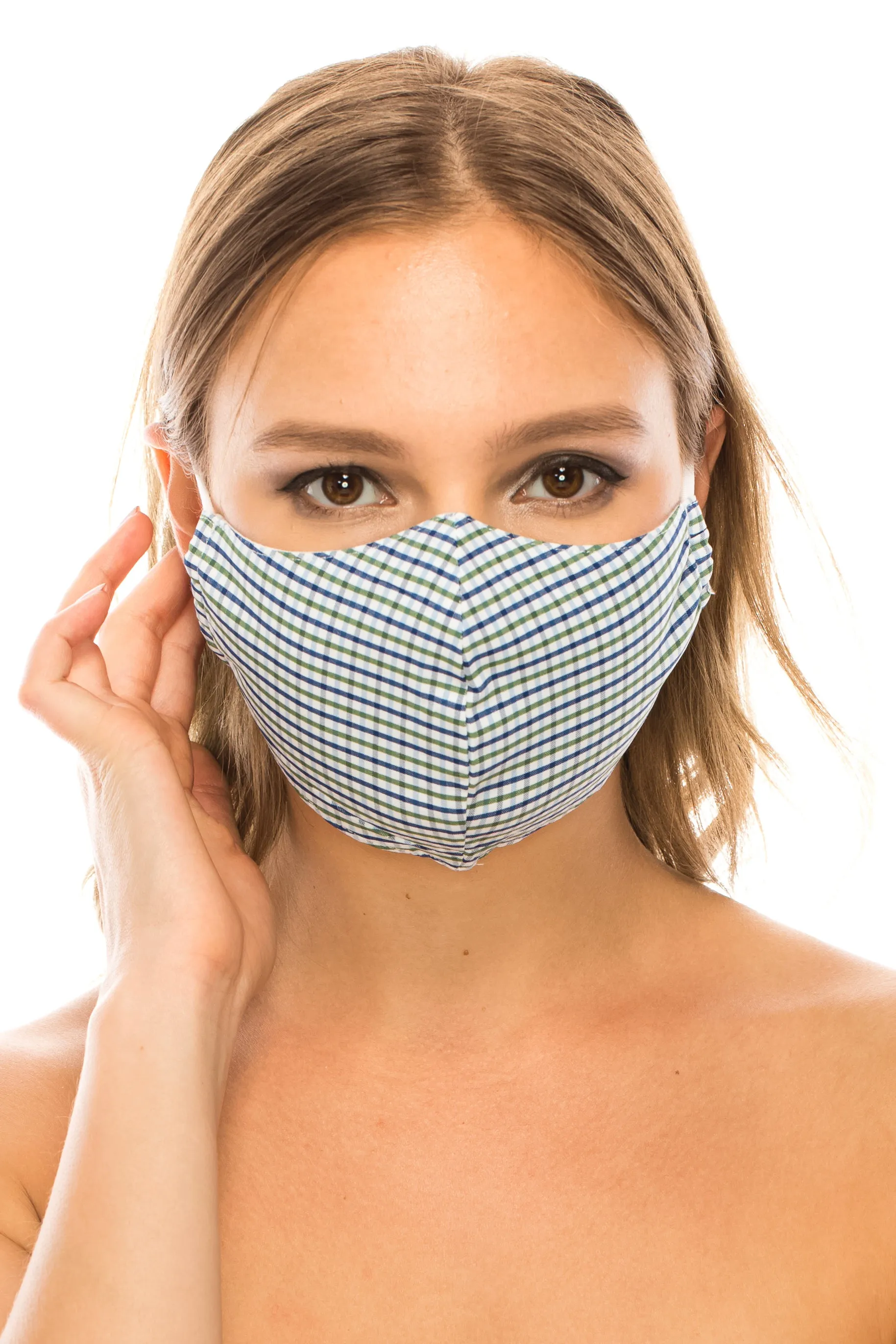 unik Face Mask,  Cotton Blend, 2 layers, Green Plaid, Washable, Reusable Mask, Adult Size
