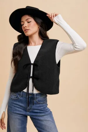 V-Neck Tie Detail Vest in Black