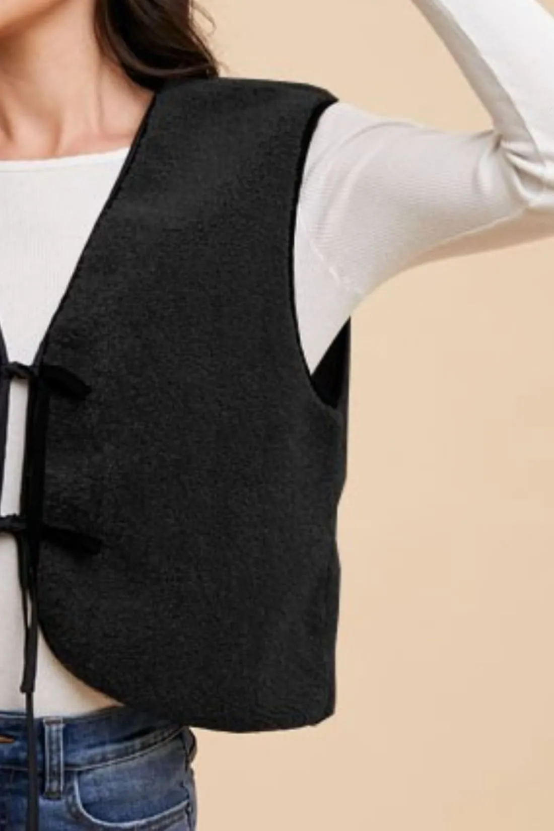 V-Neck Tie Detail Vest in Black