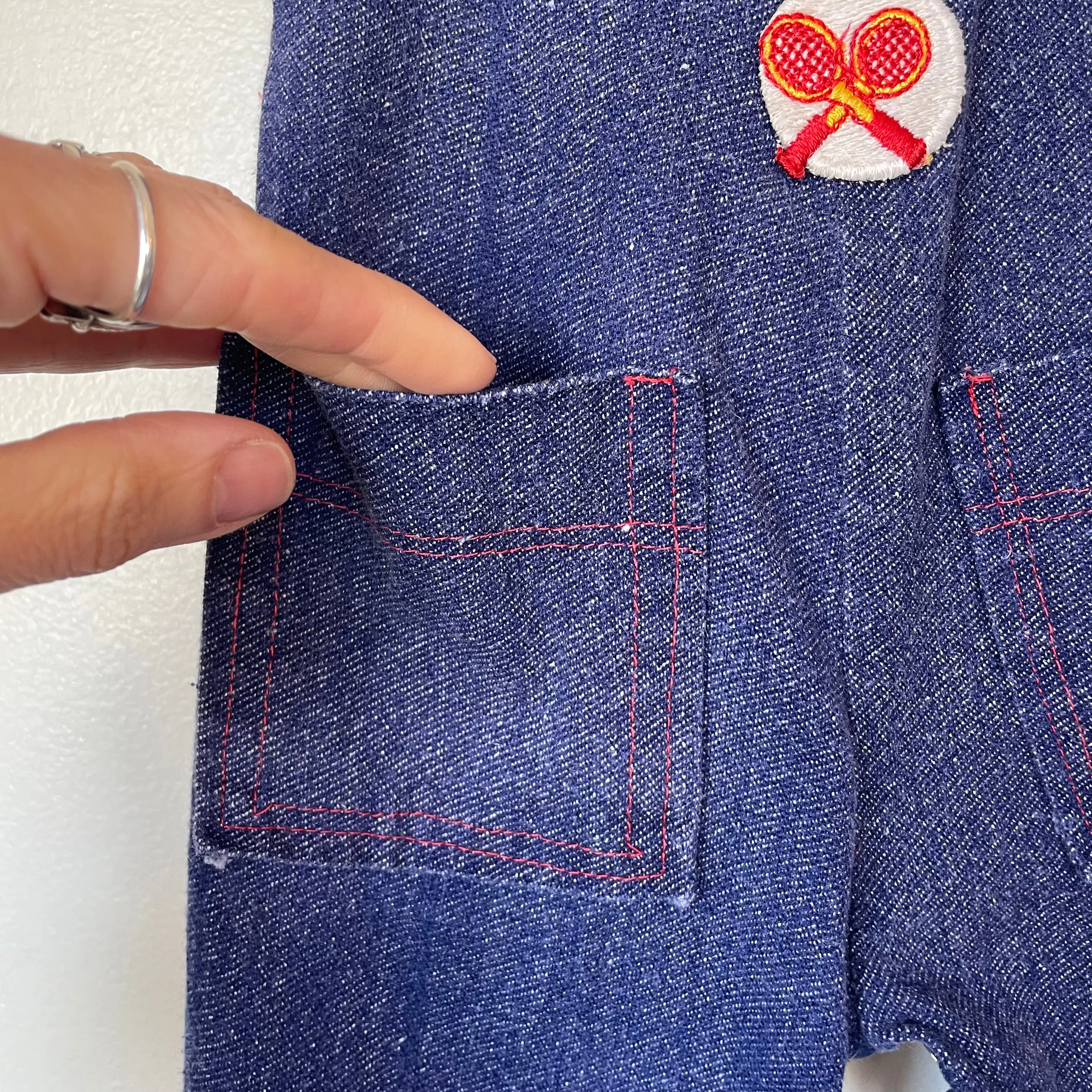 Vintage Handmade 60s 70s unisex denim look overalls romper onesie with patches // (HT2366)