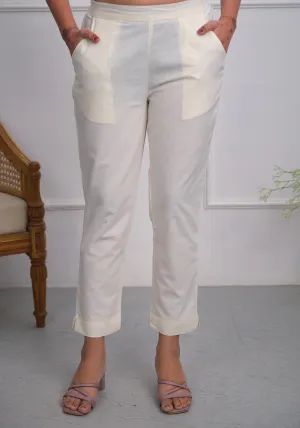 White Solid Cotton Pants With Partially Elasticated Waistband And Two Side Pockets