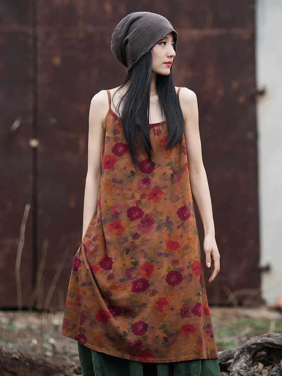 Women Summer Retro Floral Worn Loose Vest Dress