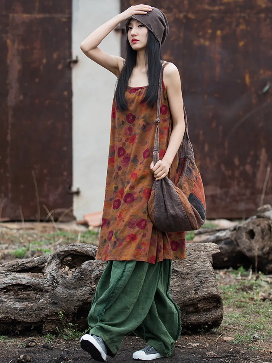 Women Summer Retro Floral Worn Loose Vest Dress