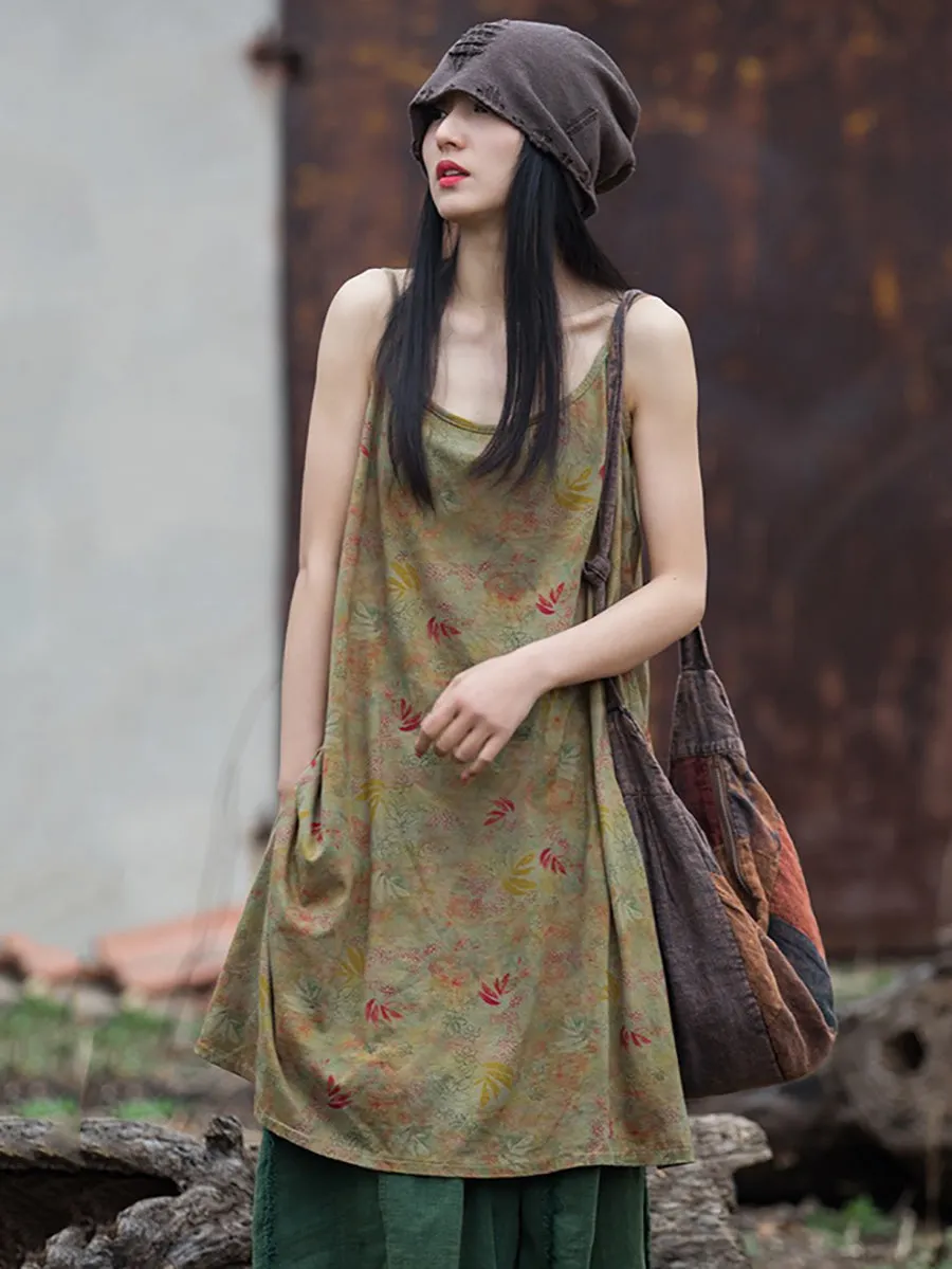 Women Summer Retro Floral Worn Loose Vest Dress