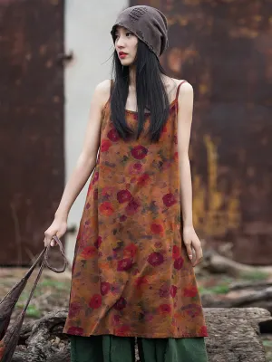 Women Summer Retro Floral Worn Loose Vest Dress