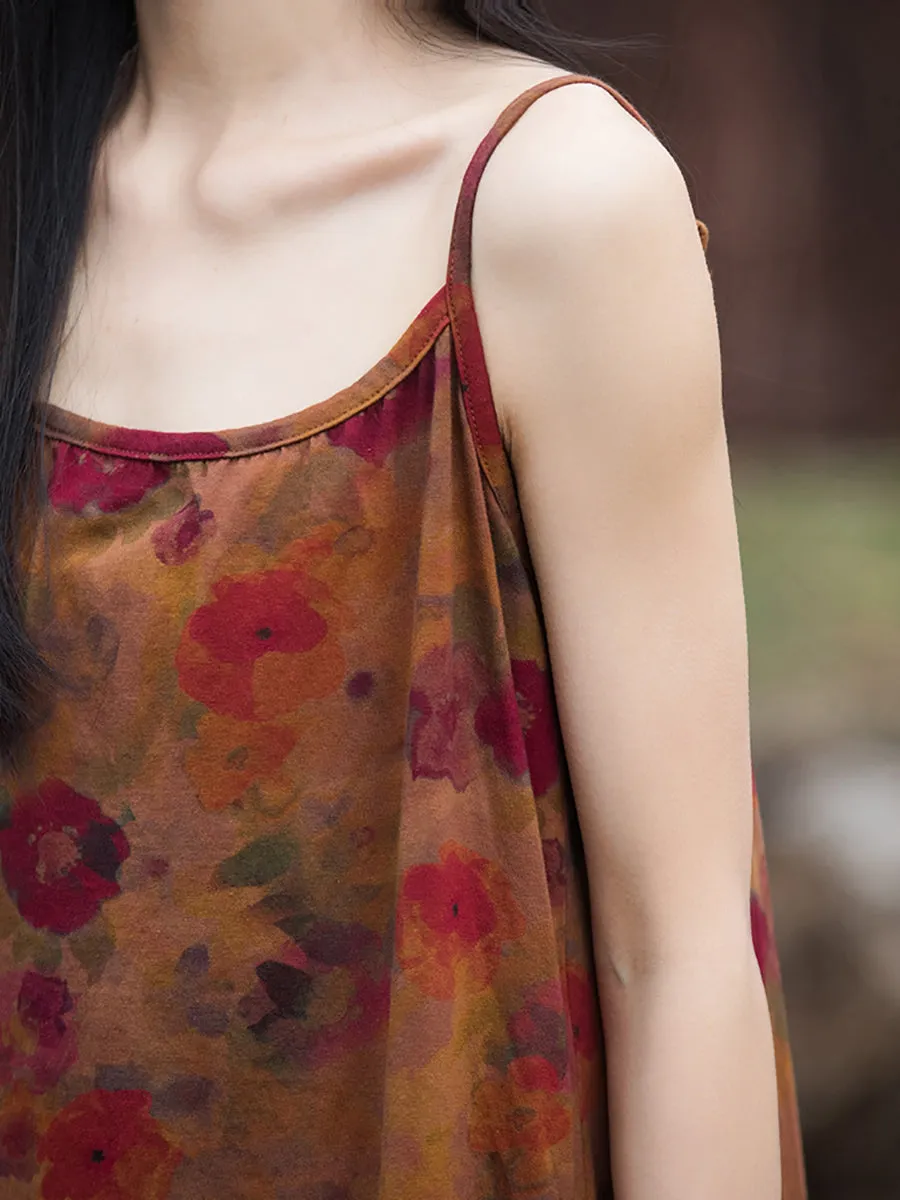 Women Summer Retro Floral Worn Loose Vest Dress