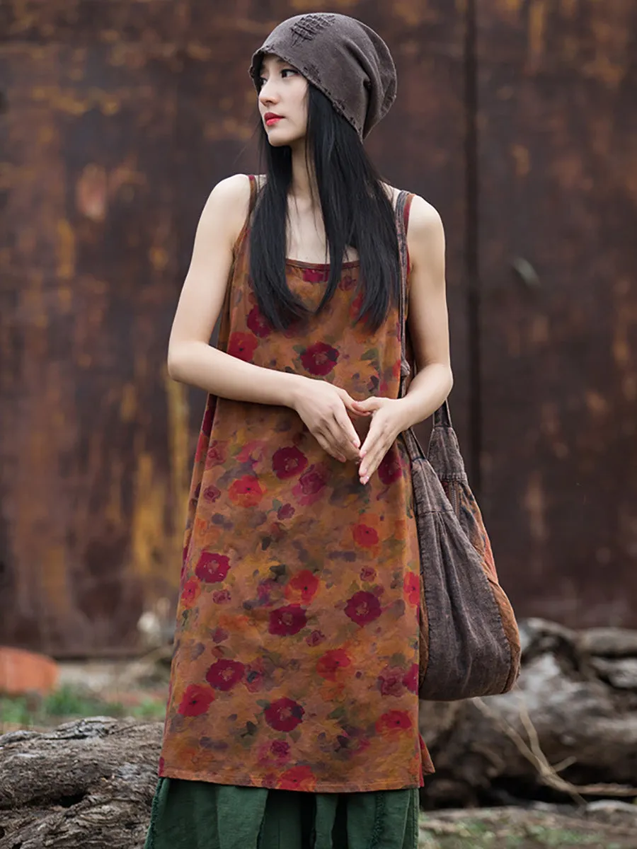 Women Summer Retro Floral Worn Loose Vest Dress