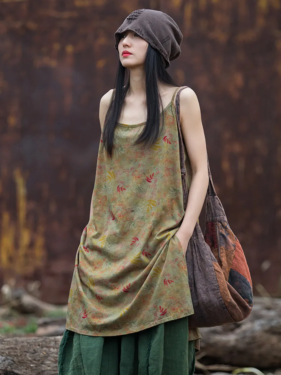 Women Summer Retro Floral Worn Loose Vest Dress