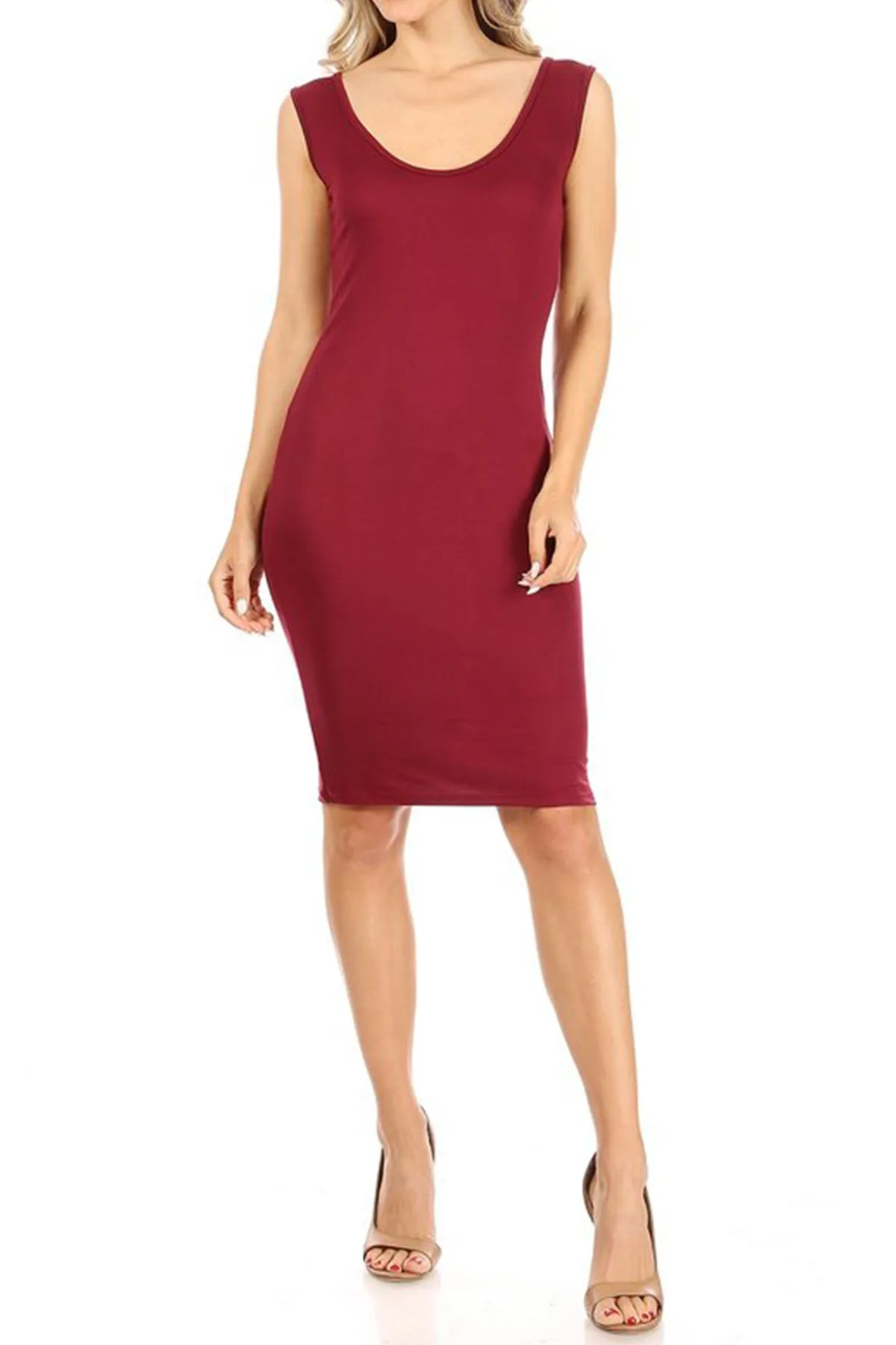 Women's Casual Fitted Bodycon Solid Scoop Neck Sleeveless Basic Cami Midi Dress