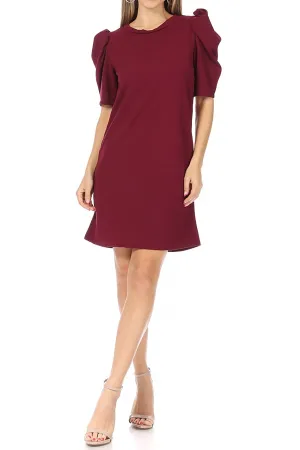 Women's Casual Pull On Solid Round Neck Short Puff Sleeve Stretch Office Midi Dress