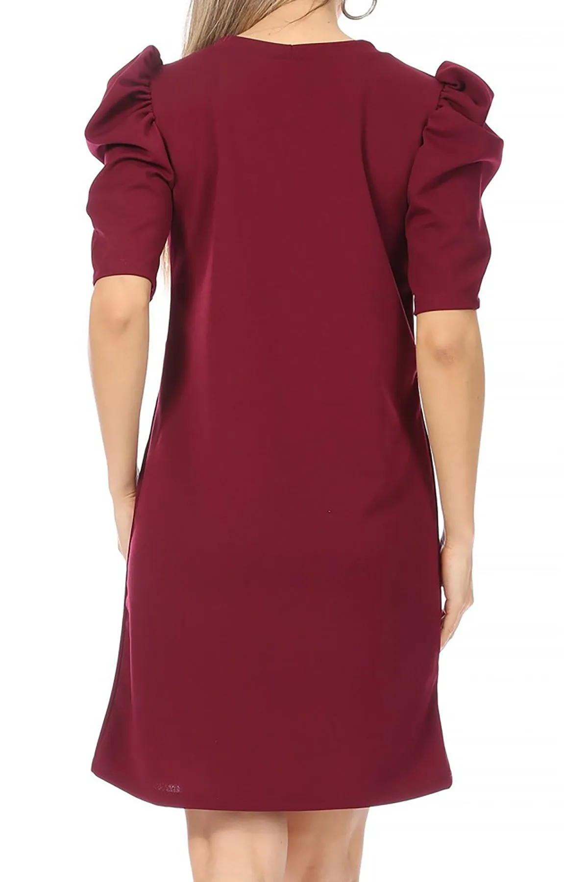 Women's Casual Pull On Solid Round Neck Short Puff Sleeve Stretch Office Midi Dress