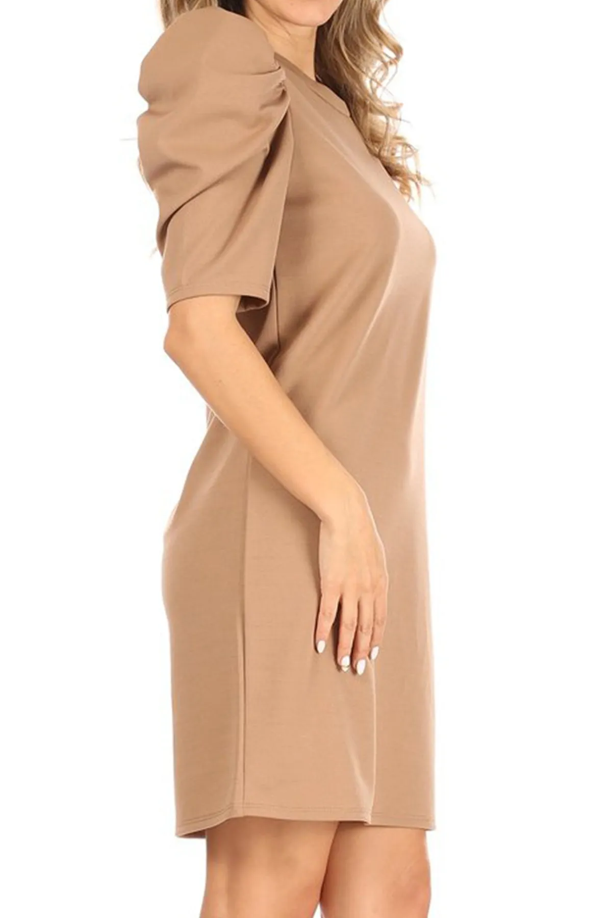 Women's Casual Pull On Solid Round Neck Short Puff Sleeve Stretch Office Midi Dress