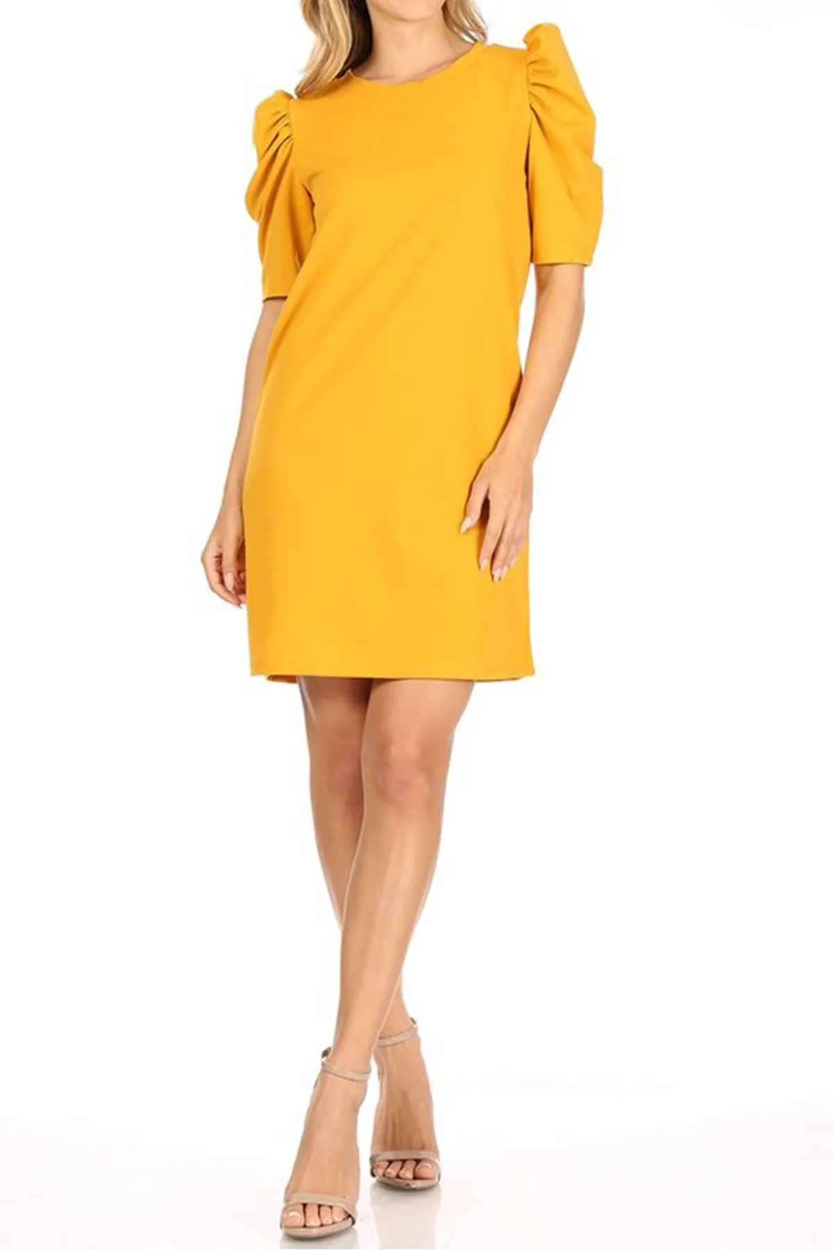 Women's Casual Pull On Solid Round Neck Short Puff Sleeve Stretch Office Midi Dress