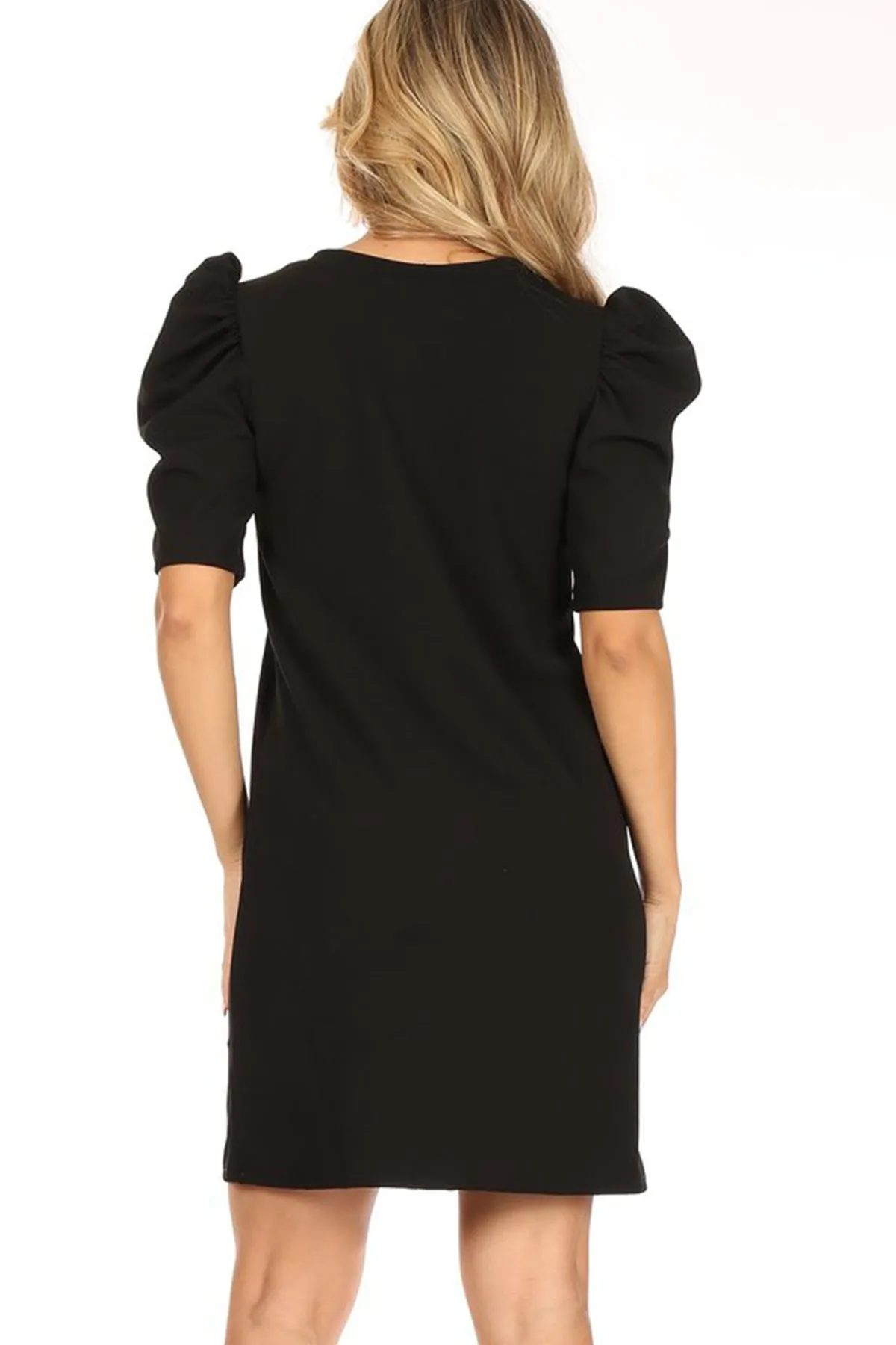 Women's Casual Pull On Solid Round Neck Short Puff Sleeve Stretch Office Midi Dress