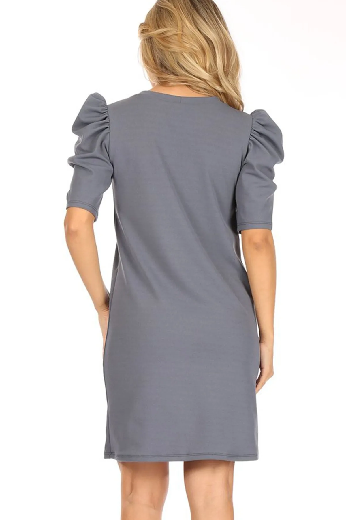 Women's Casual Pull On Solid Round Neck Short Puff Sleeve Stretch Office Midi Dress