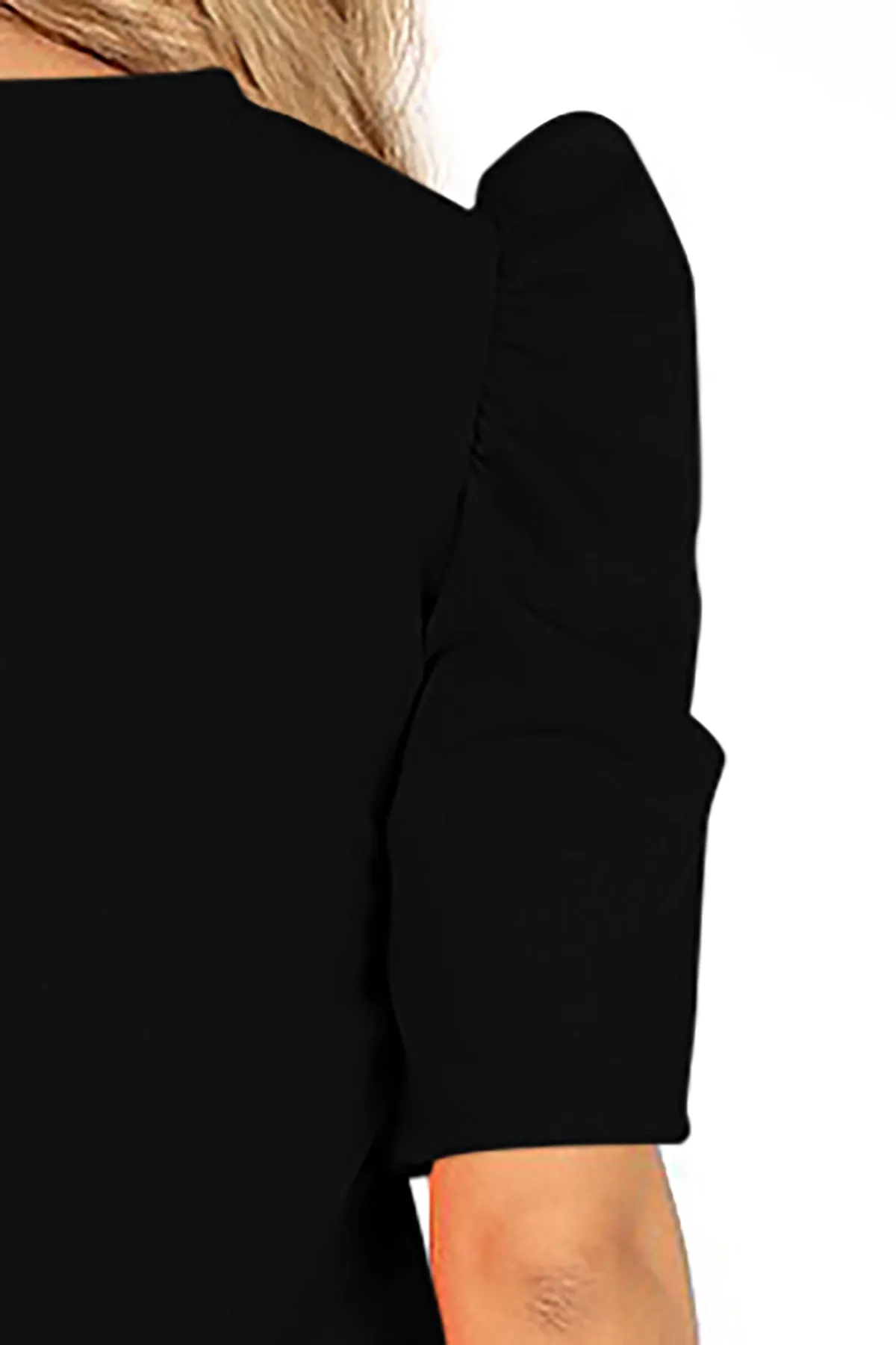 Women's Casual Pull On Solid Round Neck Short Puff Sleeve Stretch Office Midi Dress