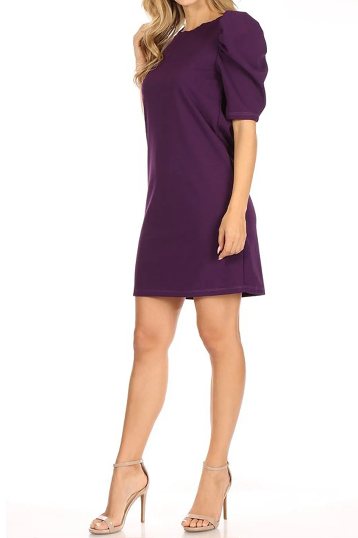Women's Casual Pull On Solid Round Neck Short Puff Sleeve Stretch Office Midi Dress