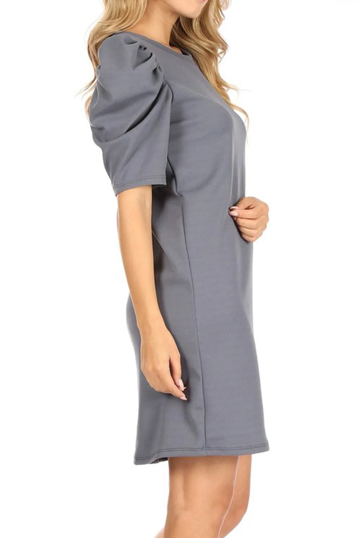 Women's Casual Pull On Solid Round Neck Short Puff Sleeve Stretch Office Midi Dress