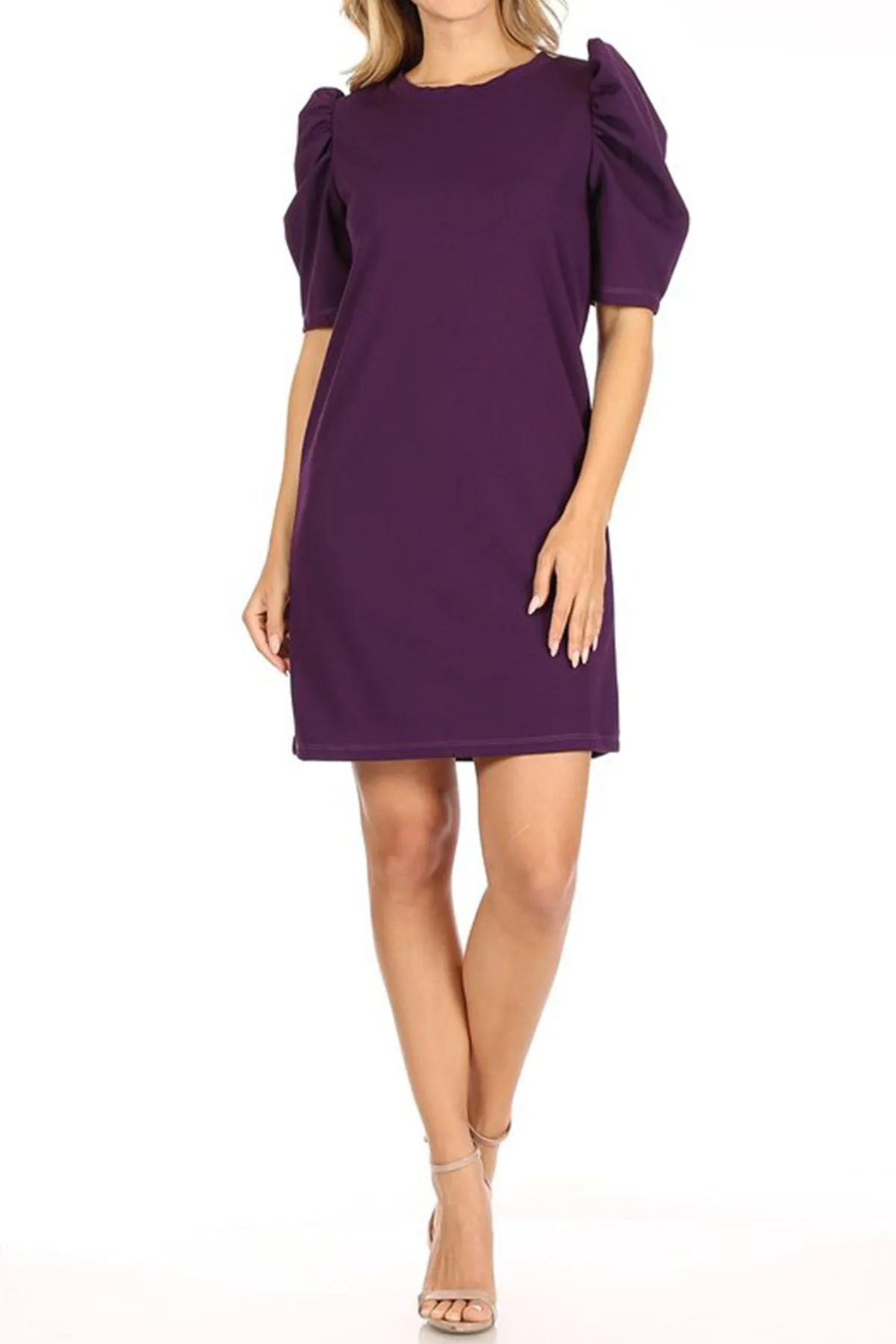 Women's Casual Pull On Solid Round Neck Short Puff Sleeve Stretch Office Midi Dress