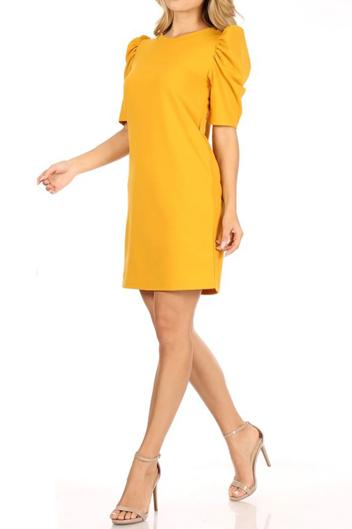 Women's Casual Pull On Solid Round Neck Short Puff Sleeve Stretch Office Midi Dress