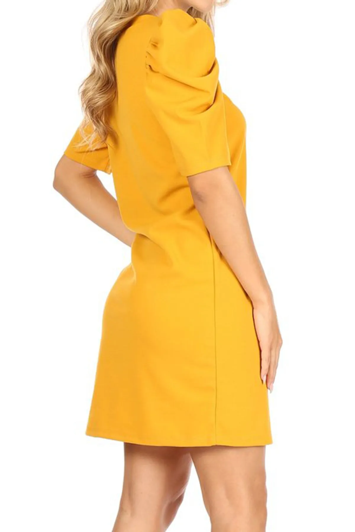 Women's Casual Pull On Solid Round Neck Short Puff Sleeve Stretch Office Midi Dress