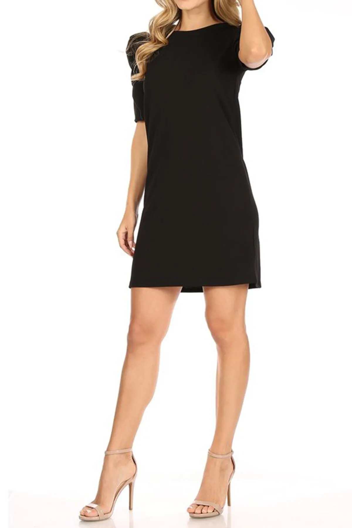 Women's Casual Pull On Solid Round Neck Short Puff Sleeve Stretch Office Midi Dress