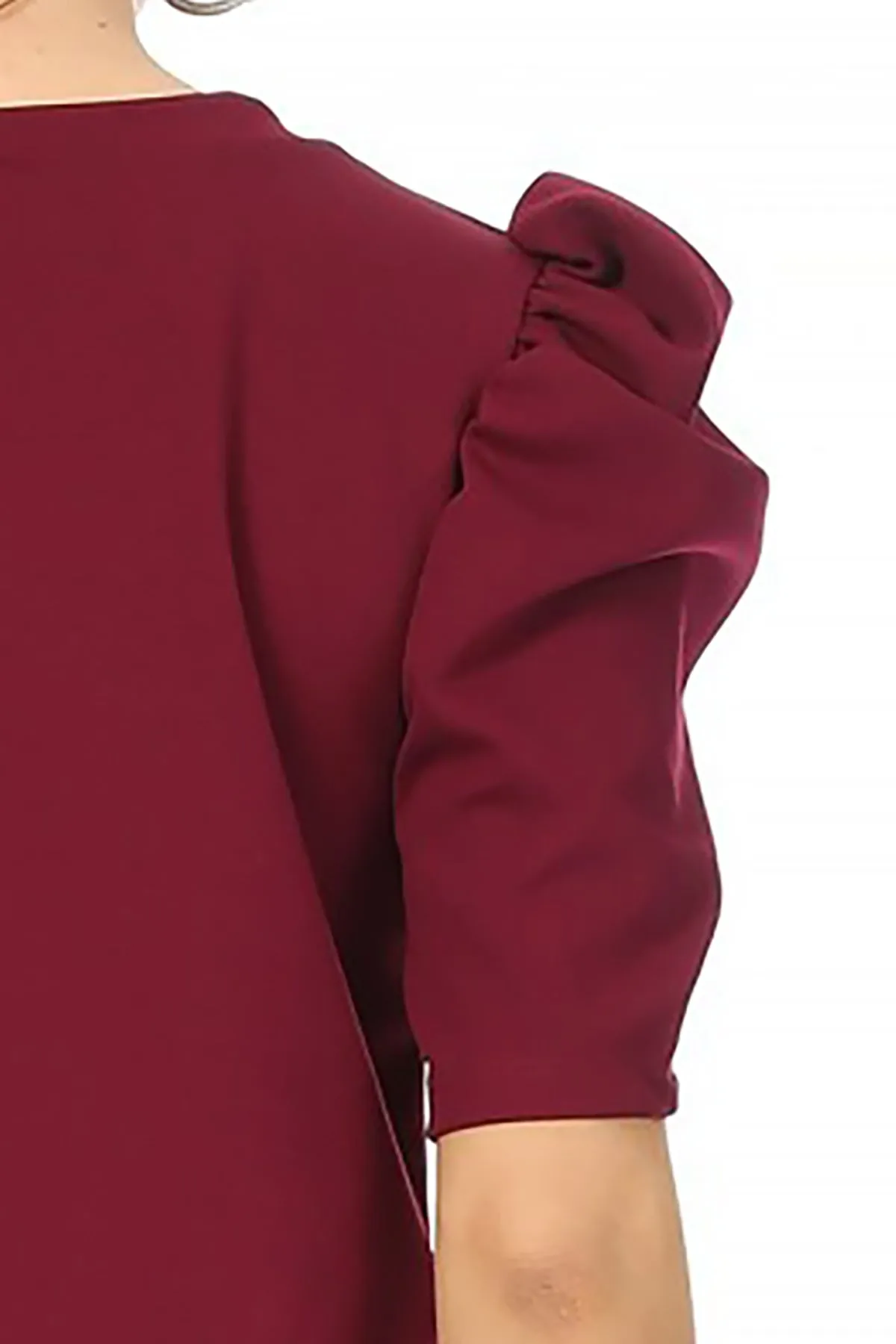 Women's Casual Pull On Solid Round Neck Short Puff Sleeve Stretch Office Midi Dress