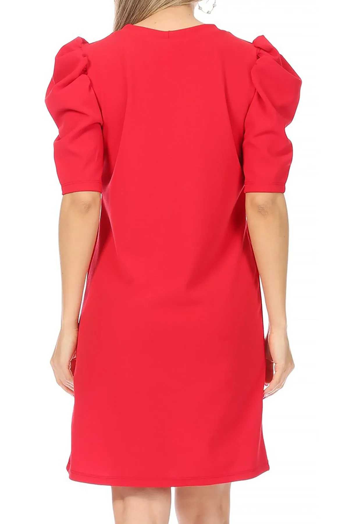 Women's Casual Pull On Solid Round Neck Short Puff Sleeve Stretch Office Midi Dress