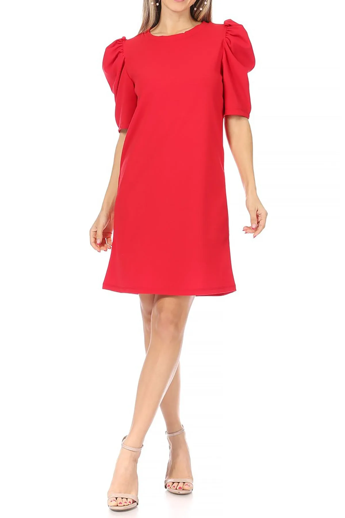 Women's Casual Pull On Solid Round Neck Short Puff Sleeve Stretch Office Midi Dress