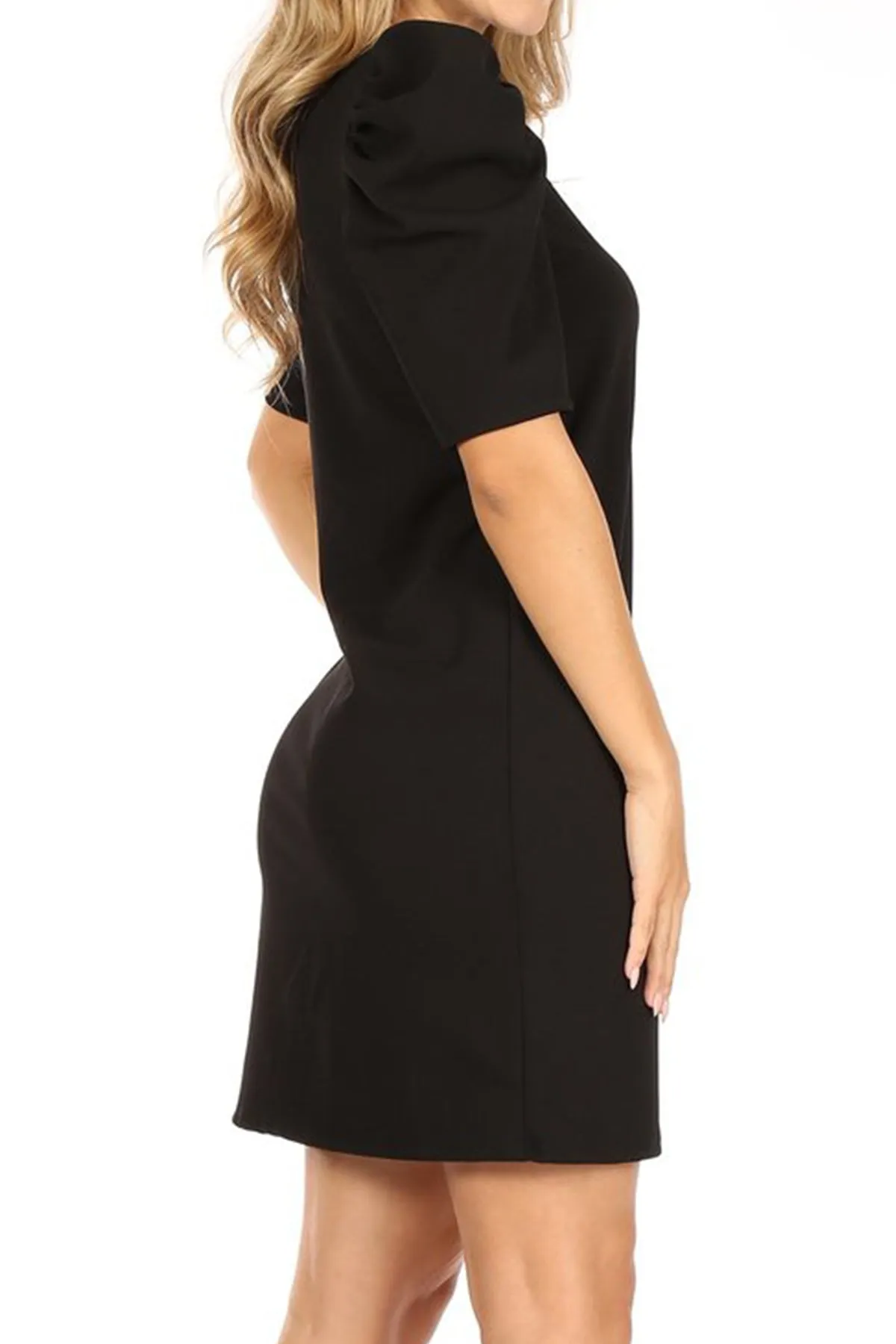 Women's Casual Pull On Solid Round Neck Short Puff Sleeve Stretch Office Midi Dress