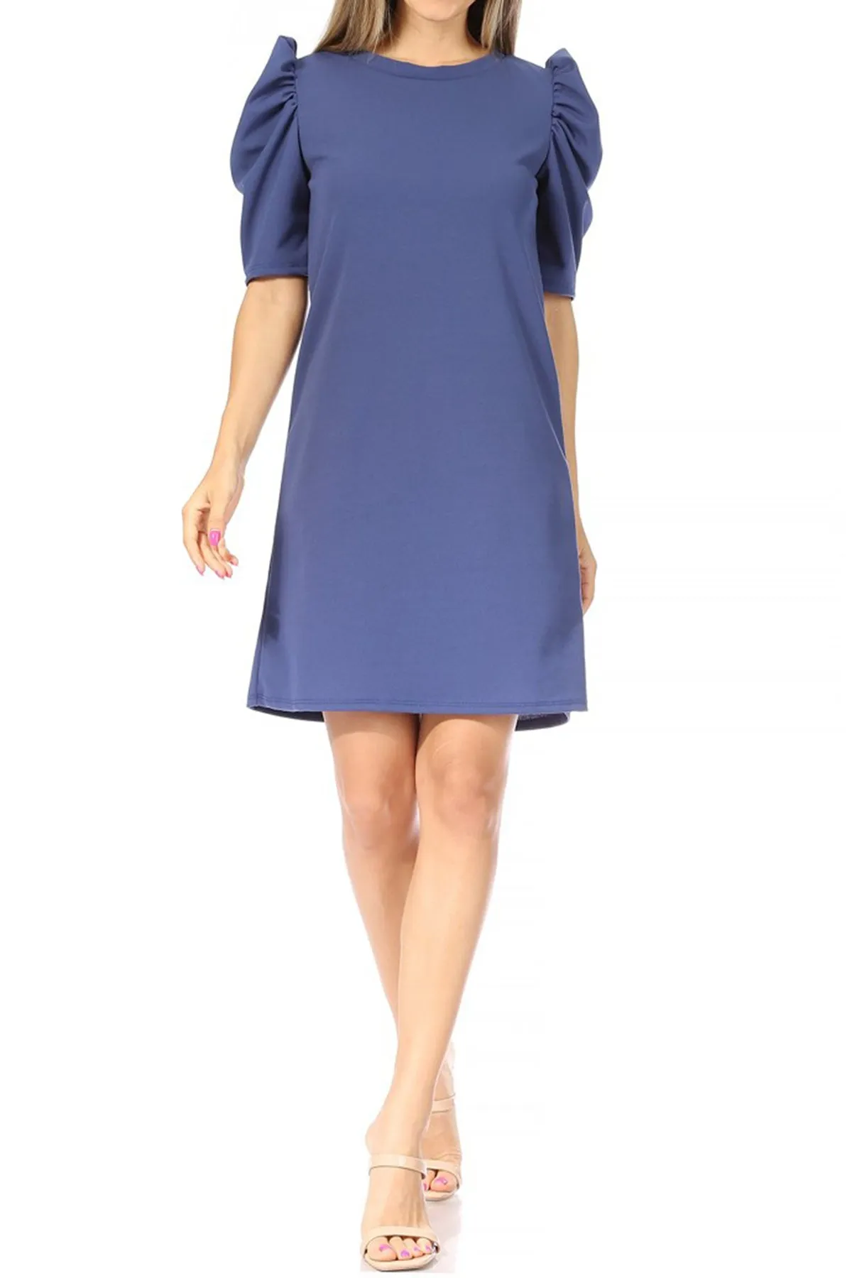 Women's Casual Pull On Solid Round Neck Short Puff Sleeve Stretch Office Midi Dress