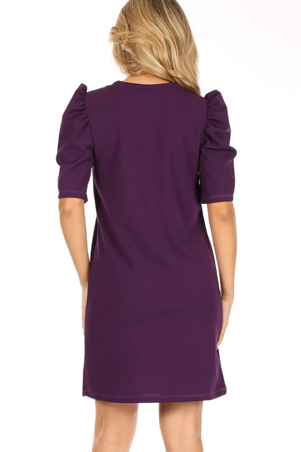 Women's Casual Pull On Solid Round Neck Short Puff Sleeve Stretch Office Midi Dress