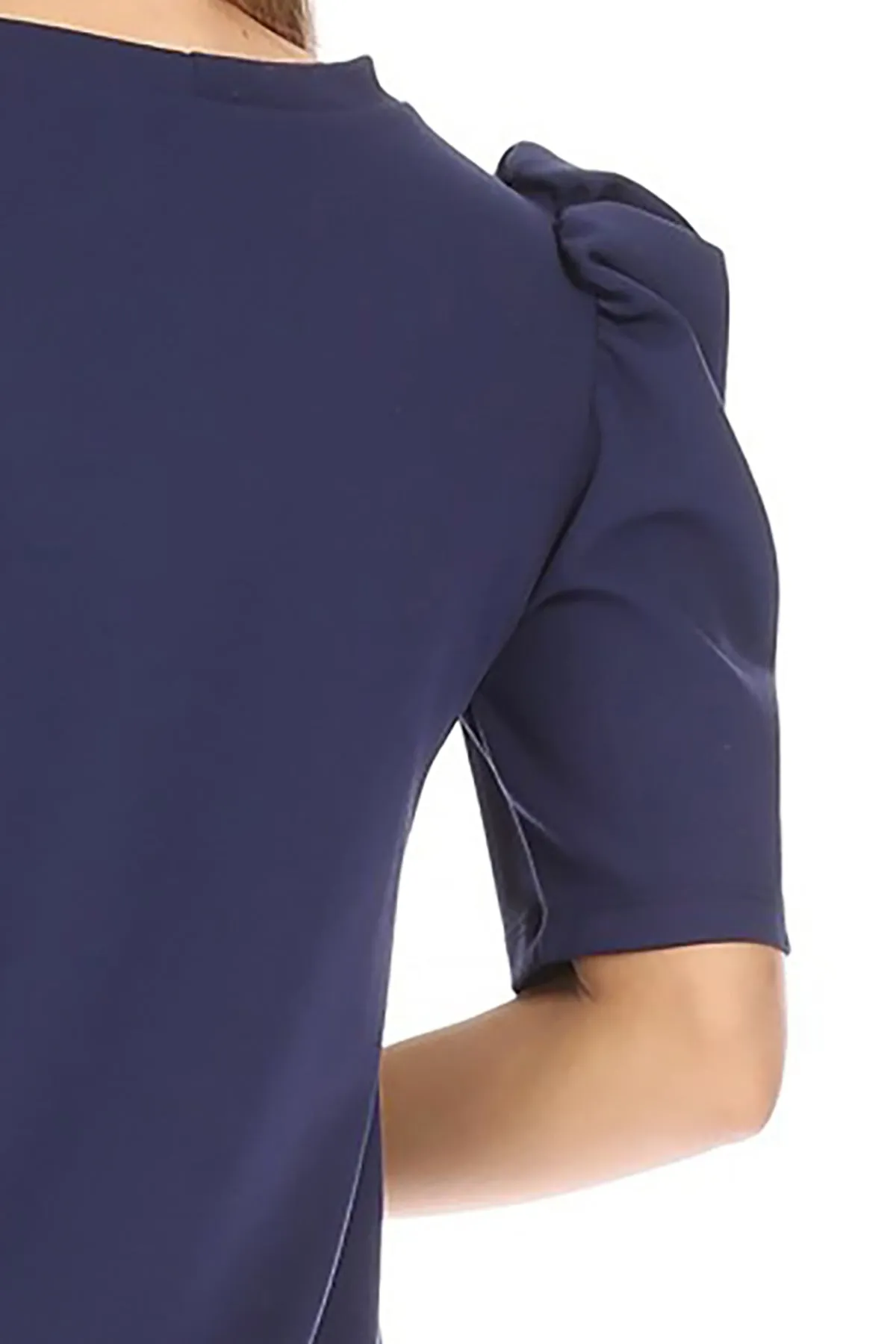 Women's Casual Pull On Solid Round Neck Short Puff Sleeve Stretch Office Midi Dress