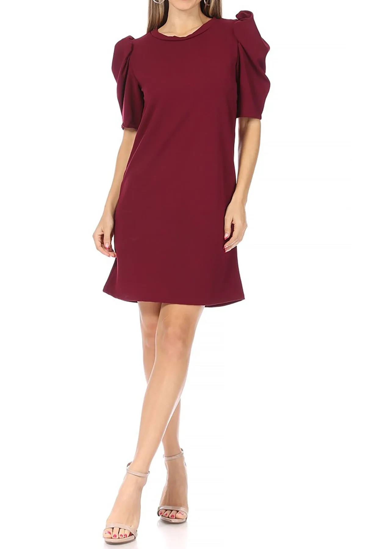 Women's Casual Pull On Solid Round Neck Short Puff Sleeve Stretch Office Midi Dress