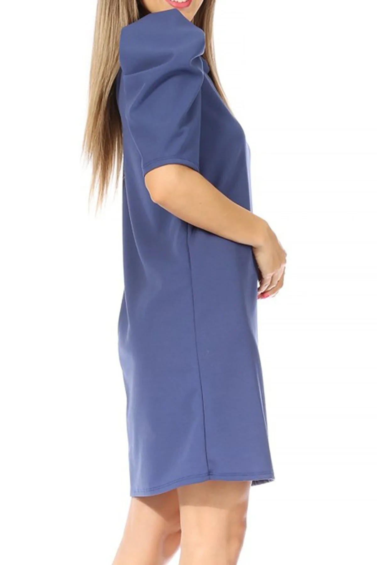 Women's Casual Pull On Solid Round Neck Short Puff Sleeve Stretch Office Midi Dress