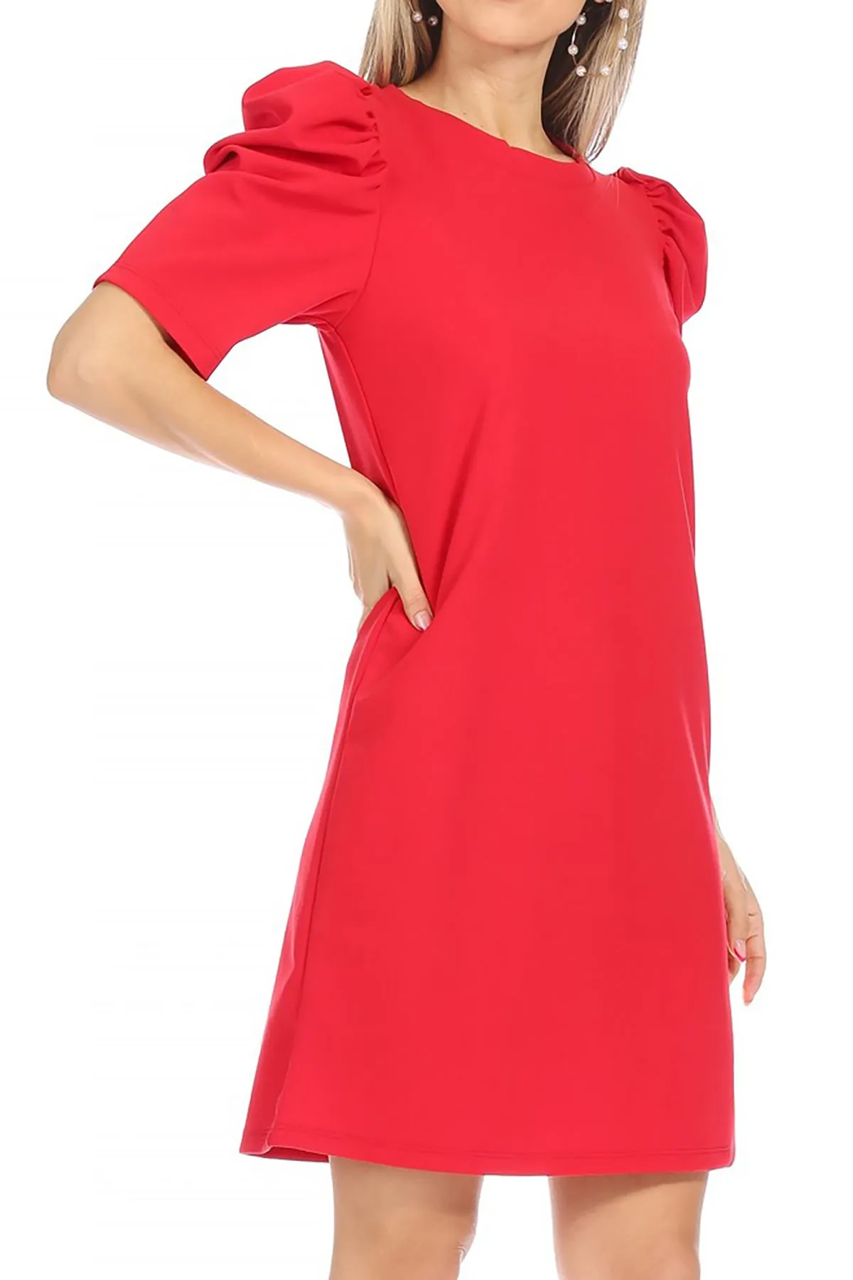 Women's Casual Pull On Solid Round Neck Short Puff Sleeve Stretch Office Midi Dress