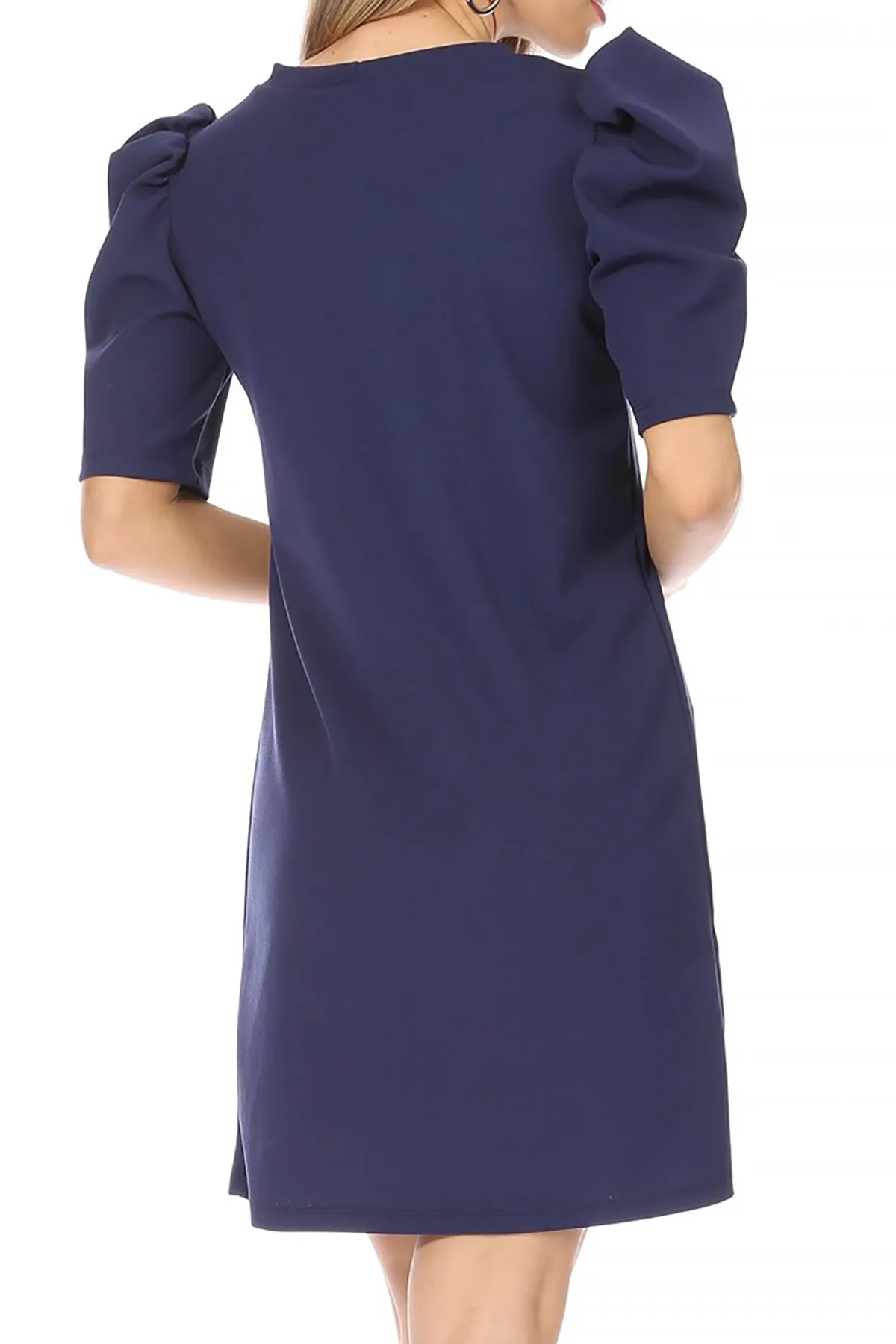 Women's Casual Pull On Solid Round Neck Short Puff Sleeve Stretch Office Midi Dress