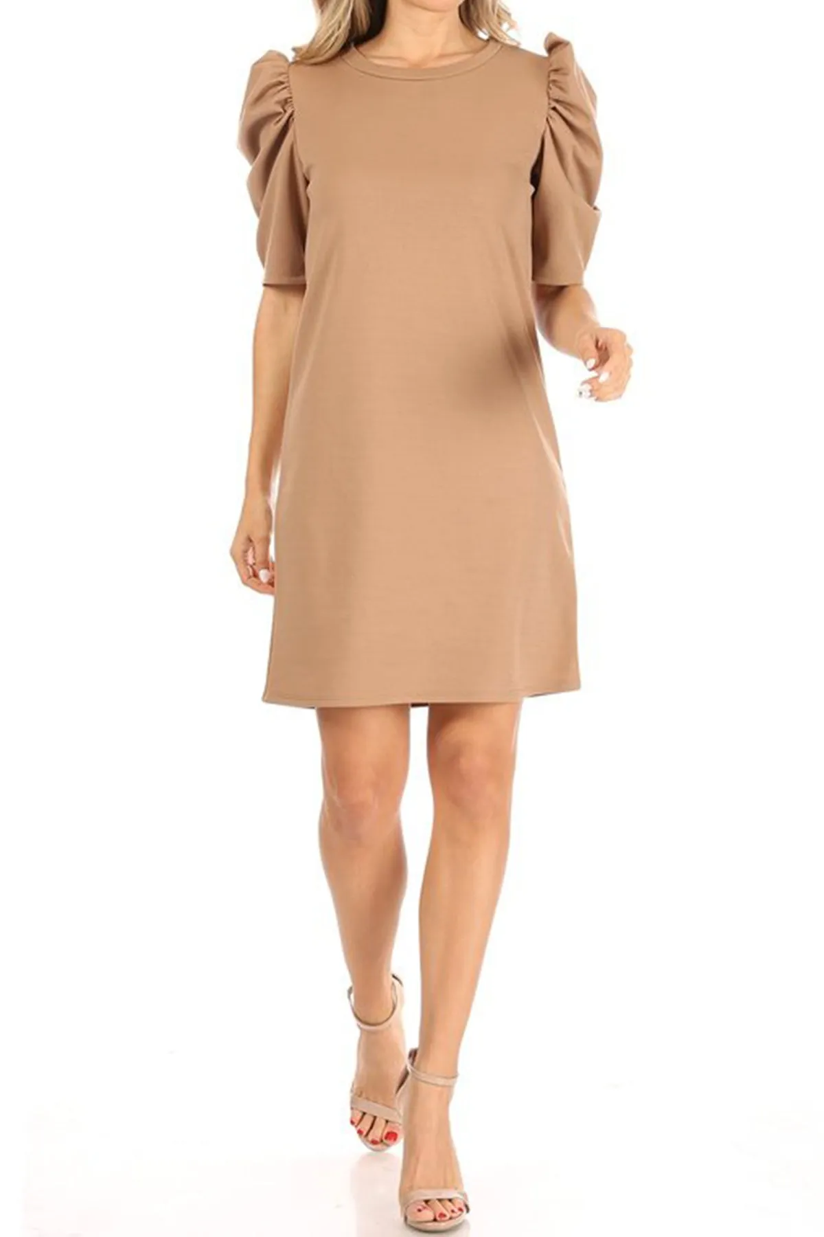 Women's Casual Pull On Solid Round Neck Short Puff Sleeve Stretch Office Midi Dress