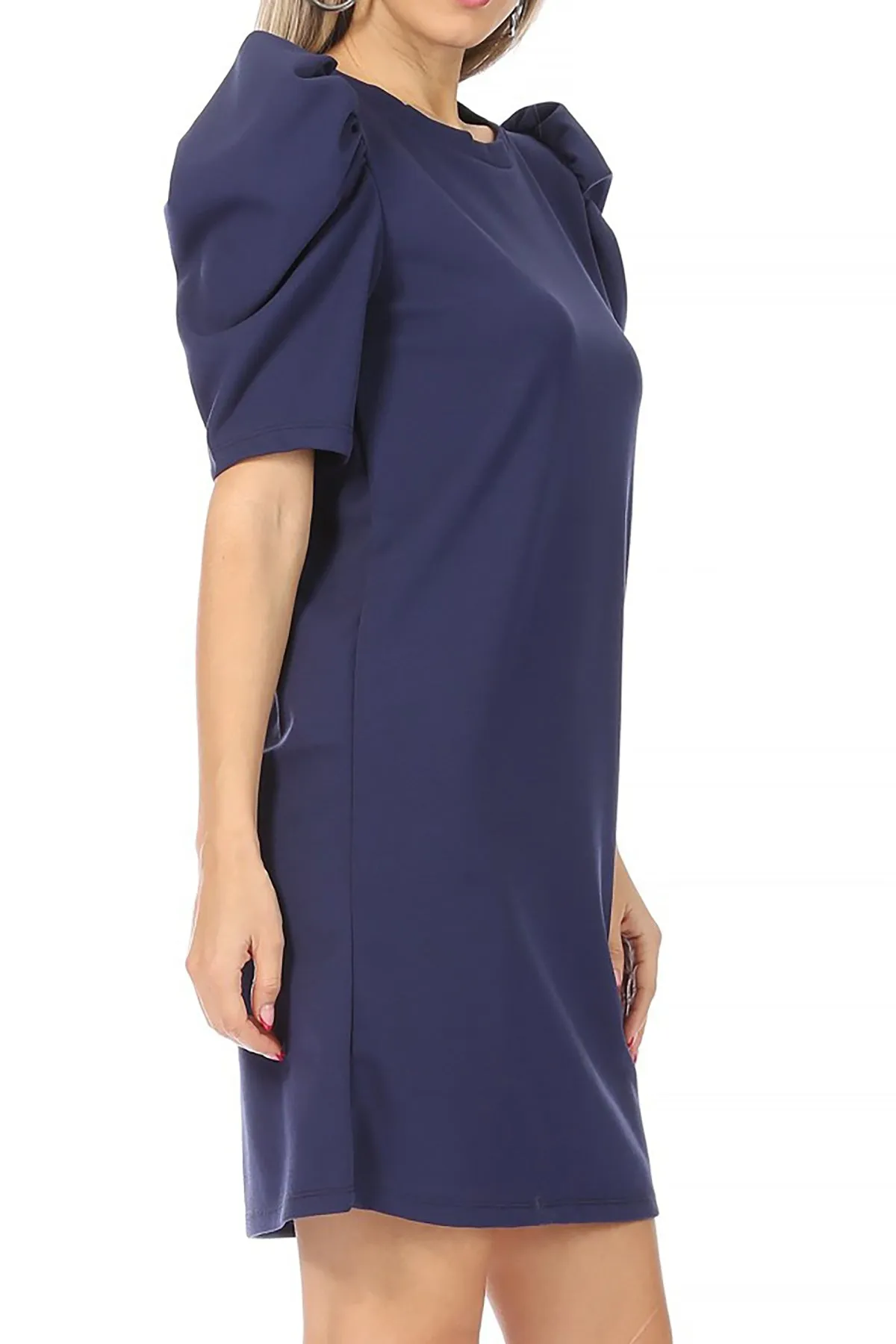 Women's Casual Pull On Solid Round Neck Short Puff Sleeve Stretch Office Midi Dress