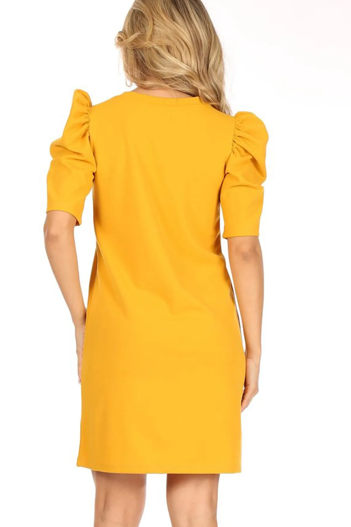 Women's Casual Pull On Solid Round Neck Short Puff Sleeve Stretch Office Midi Dress