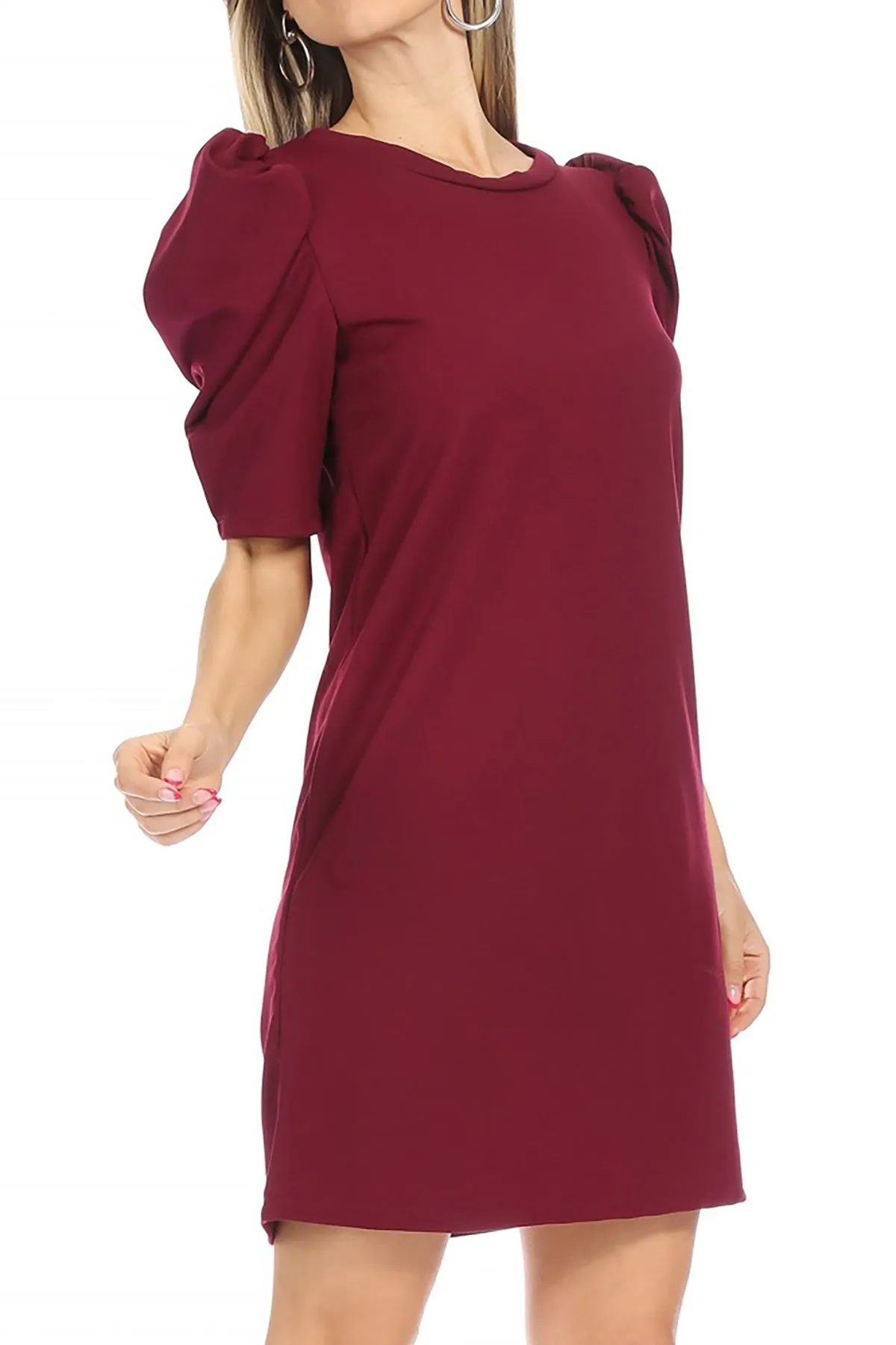 Women's Casual Pull On Solid Round Neck Short Puff Sleeve Stretch Office Midi Dress