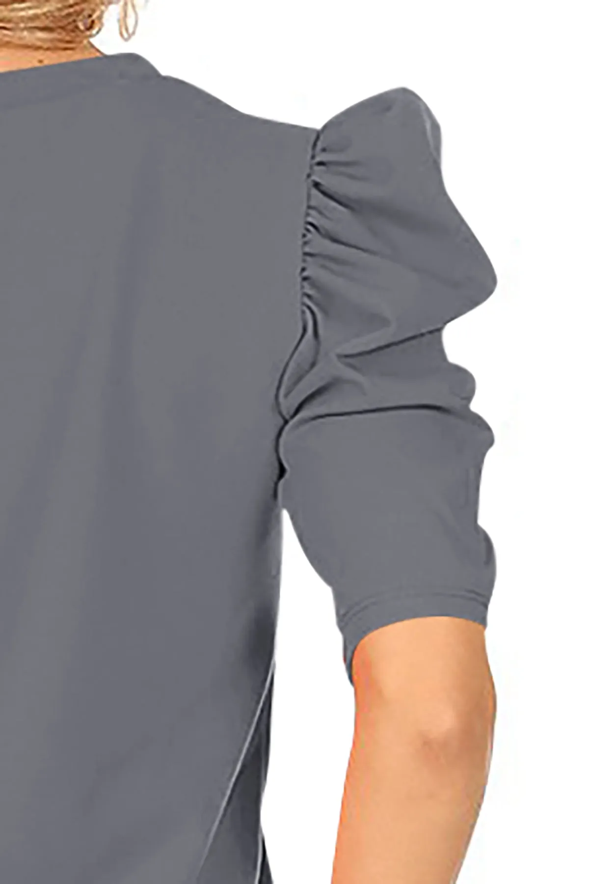 Women's Casual Pull On Solid Round Neck Short Puff Sleeve Stretch Office Midi Dress