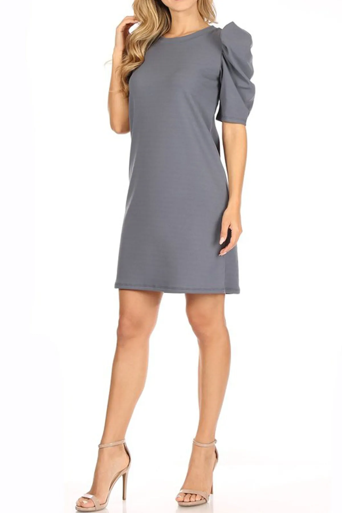 Women's Casual Pull On Solid Round Neck Short Puff Sleeve Stretch Office Midi Dress