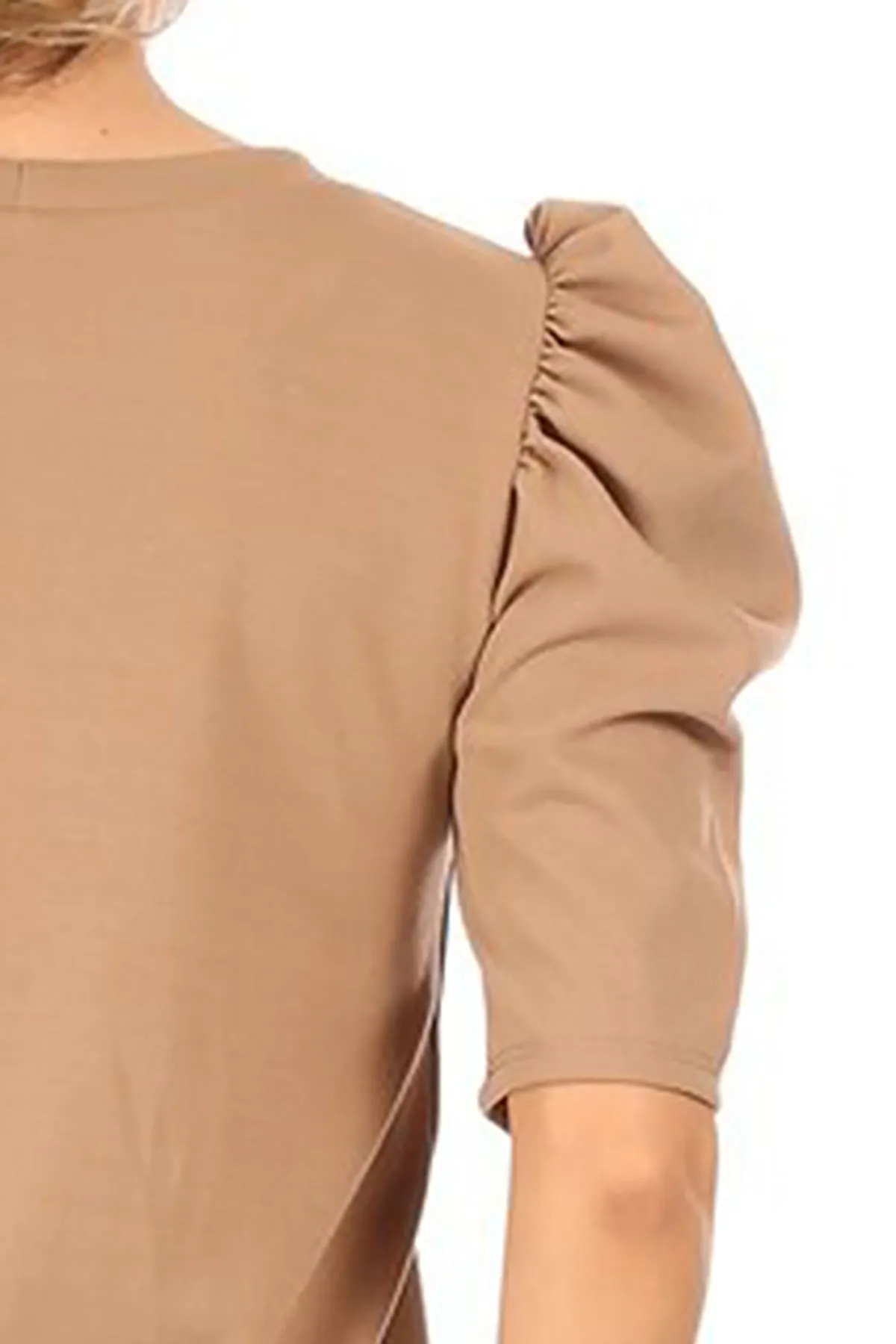 Women's Casual Pull On Solid Round Neck Short Puff Sleeve Stretch Office Midi Dress