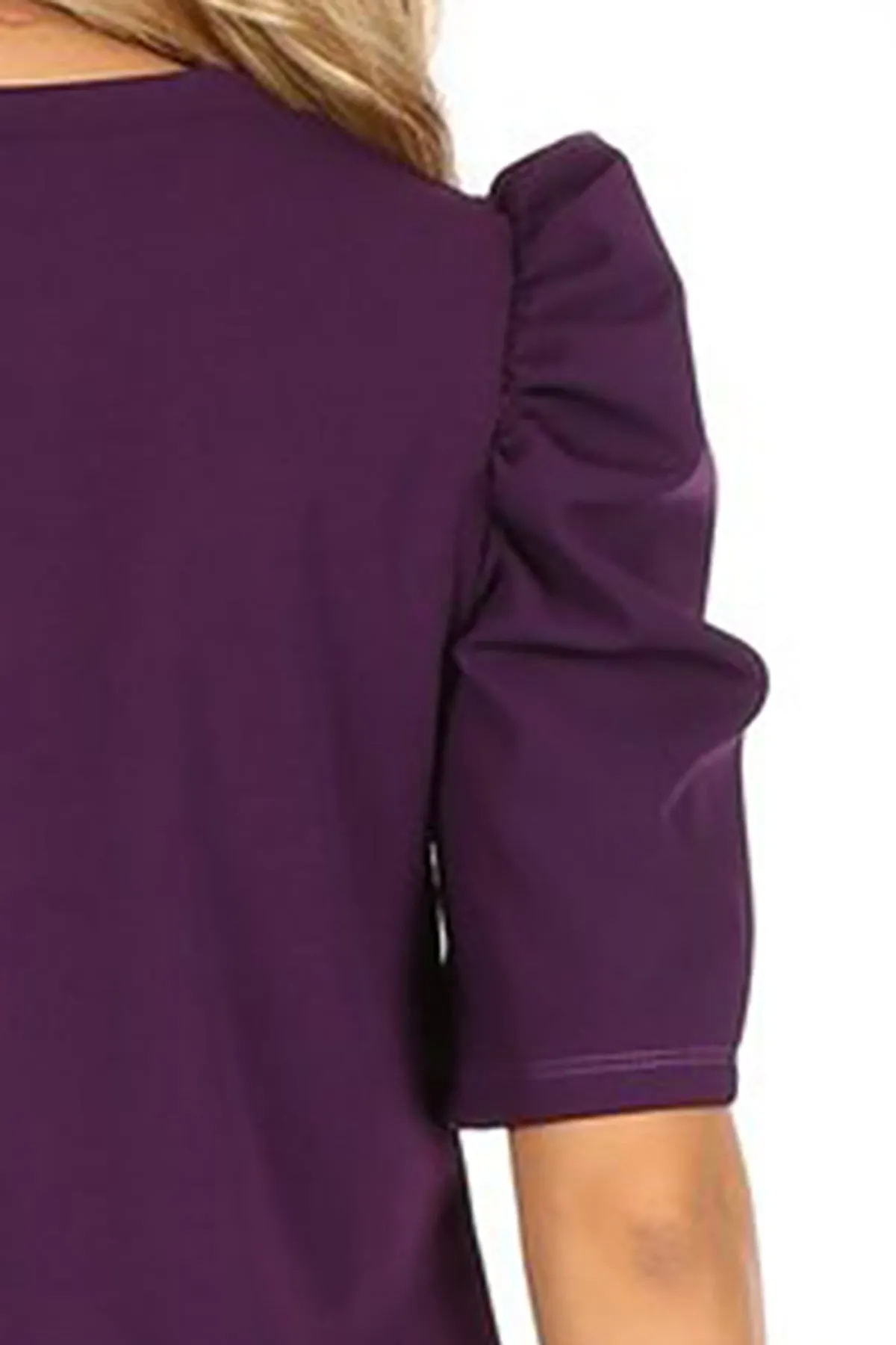 Women's Casual Pull On Solid Round Neck Short Puff Sleeve Stretch Office Midi Dress