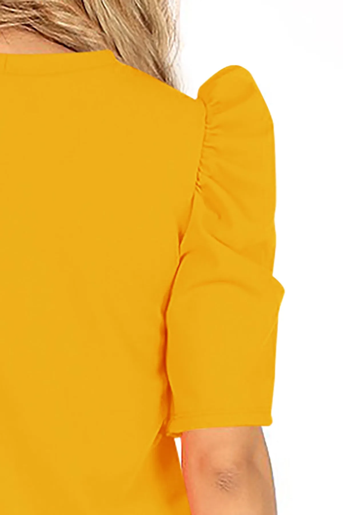 Women's Casual Pull On Solid Round Neck Short Puff Sleeve Stretch Office Midi Dress