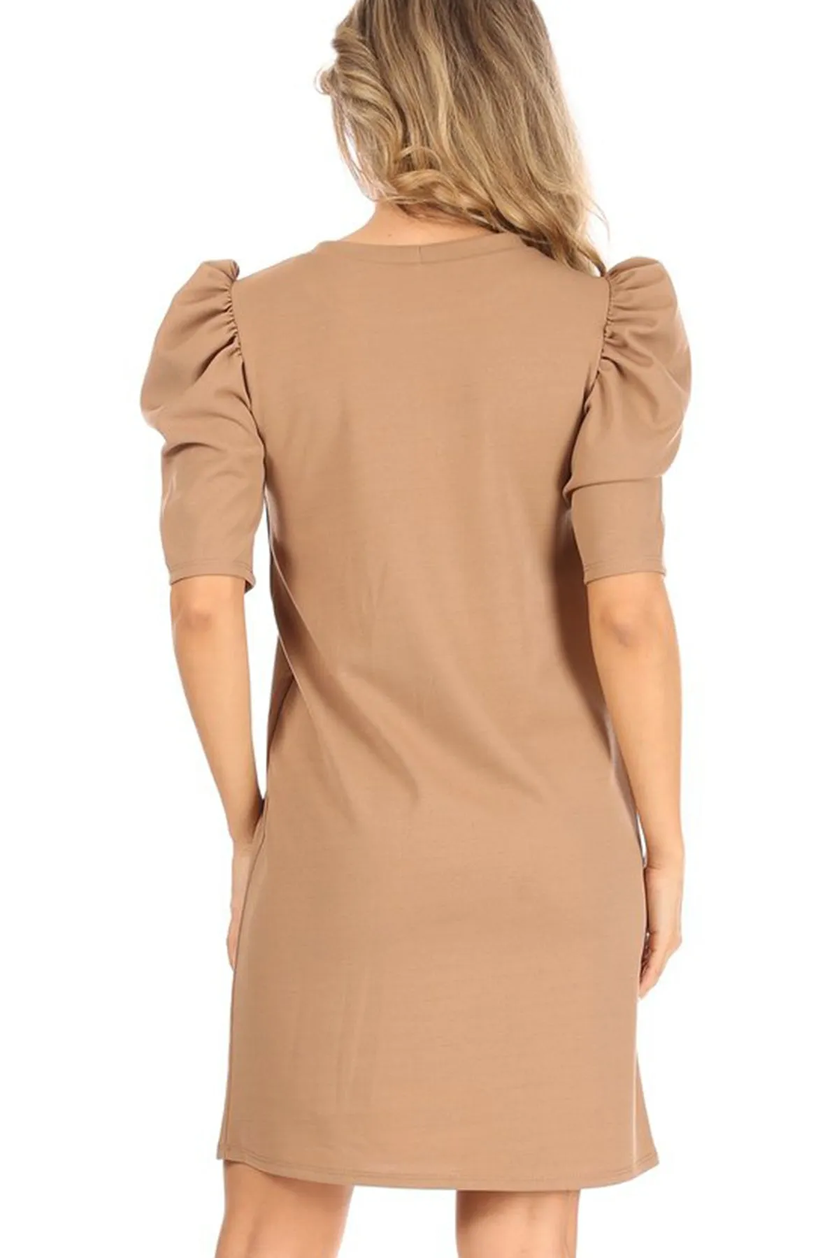 Women's Casual Pull On Solid Round Neck Short Puff Sleeve Stretch Office Midi Dress