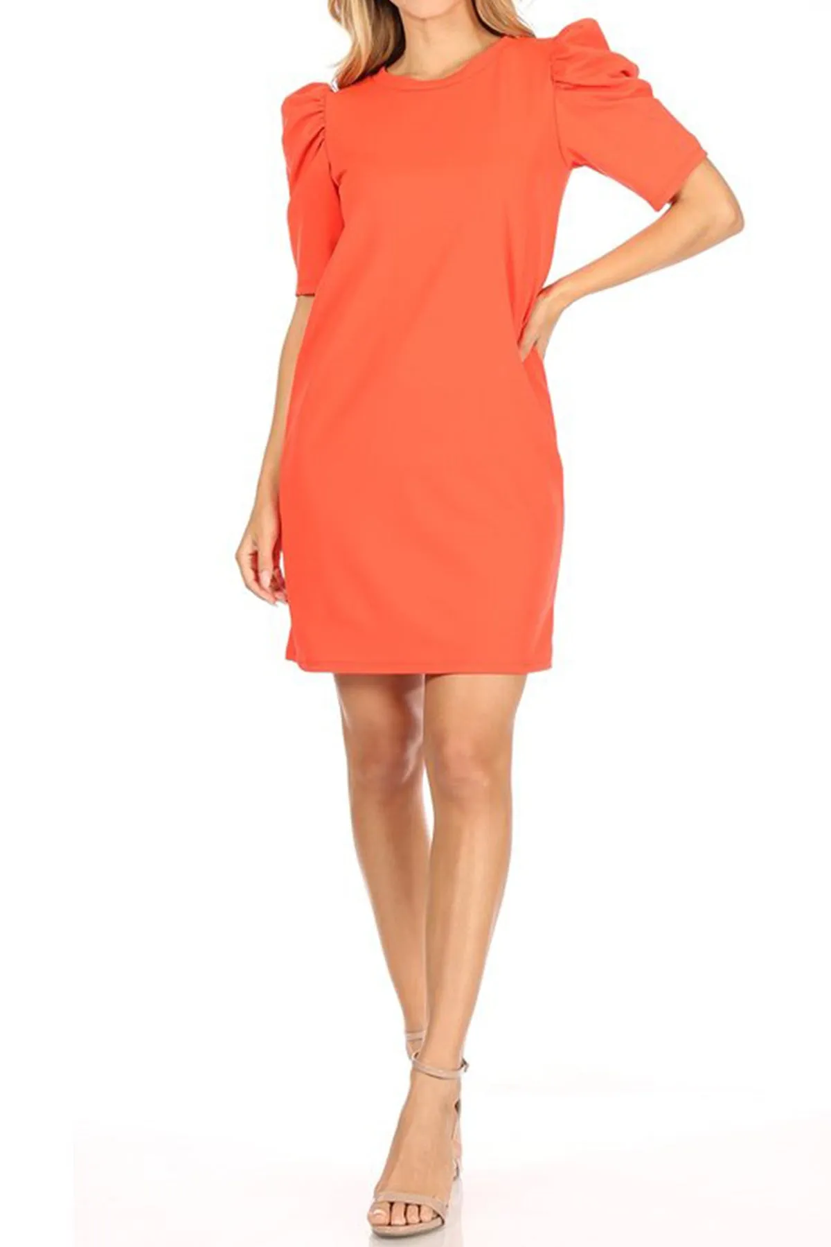 Women's Casual Pull On Solid Round Neck Short Puff Sleeve Stretch Office Midi Dress