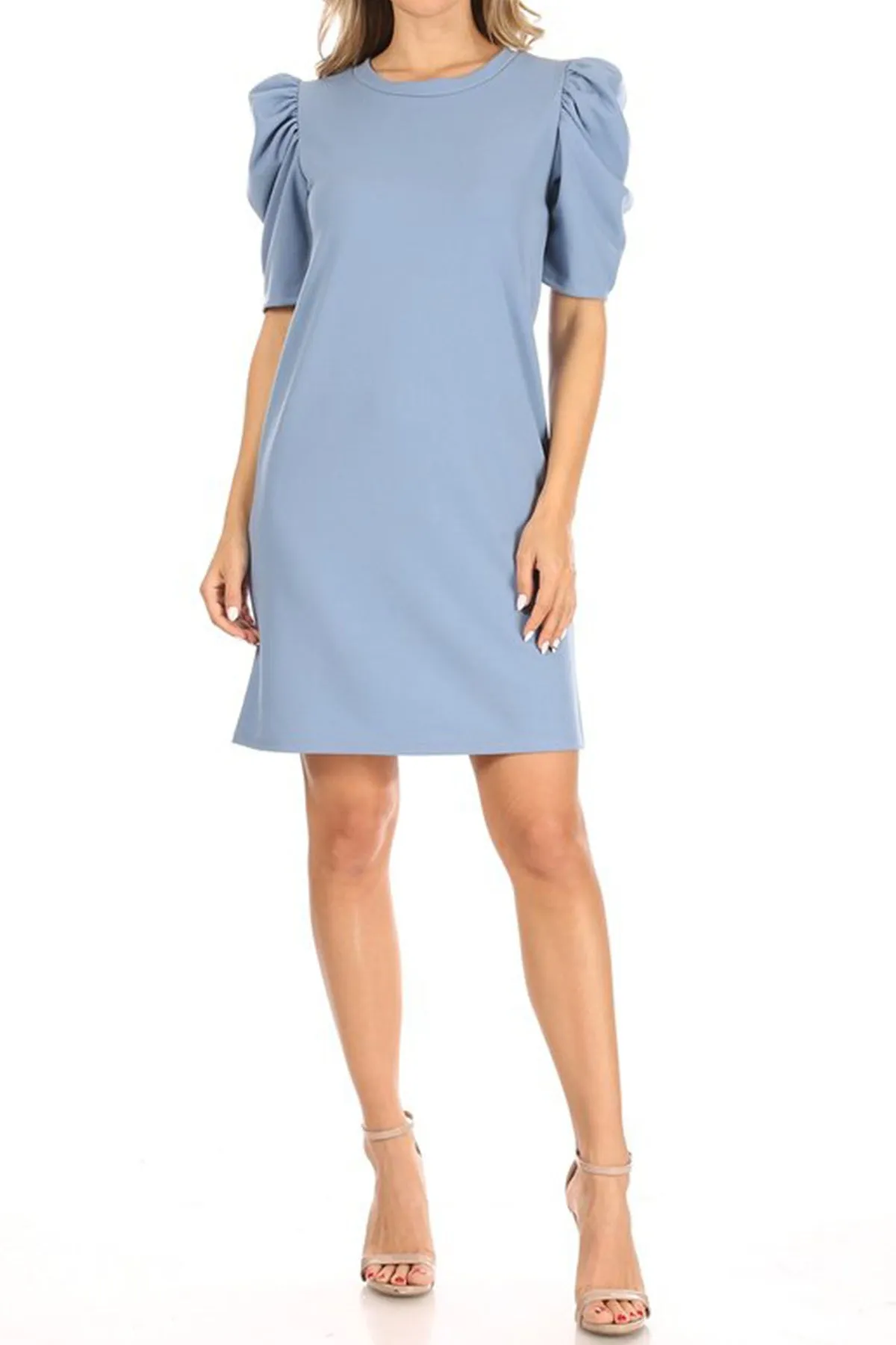 Women's Casual Pull On Solid Round Neck Short Puff Sleeve Stretch Office Midi Dress